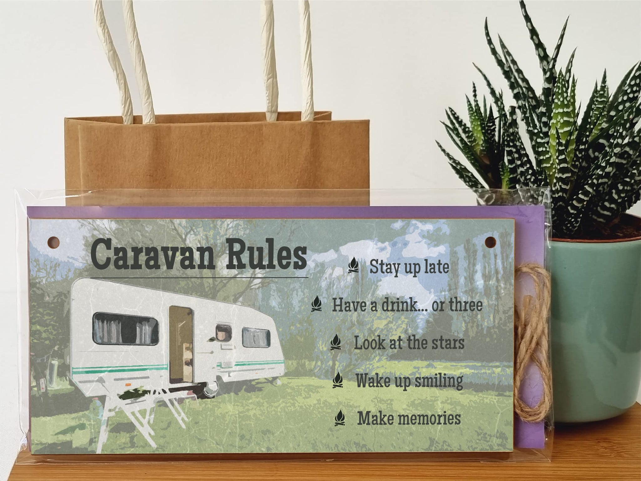 The Plum Penguin Handmade Wooden Hanging Wall Plaque Caravan Rules Stay Up Late Have a Drink Make Memories Fun Camping Adventure Sign