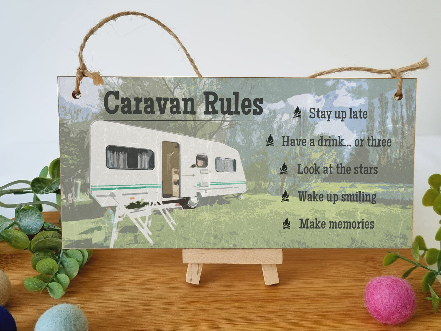 The Plum Penguin Handmade Wooden Hanging Wall Plaque Caravan Rules Stay Up Late Have a Drink Make Memories Fun Camping Adventure Sign