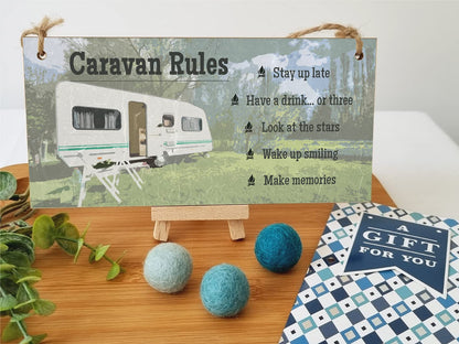 The Plum Penguin Handmade Wooden Hanging Wall Plaque Caravan Rules Stay Up Late Have a Drink Make Memories Fun Camping Adventure Sign