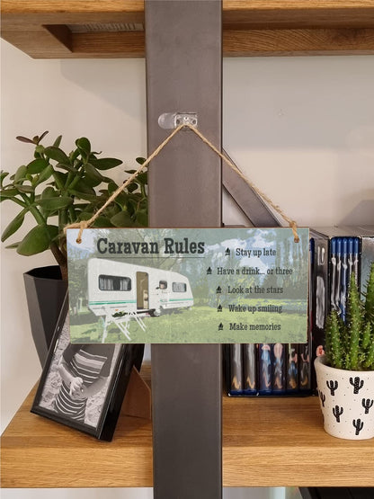 The Plum Penguin Handmade Wooden Hanging Wall Plaque Caravan Rules Stay Up Late Have a Drink Make Memories Fun Camping Adventure Sign
