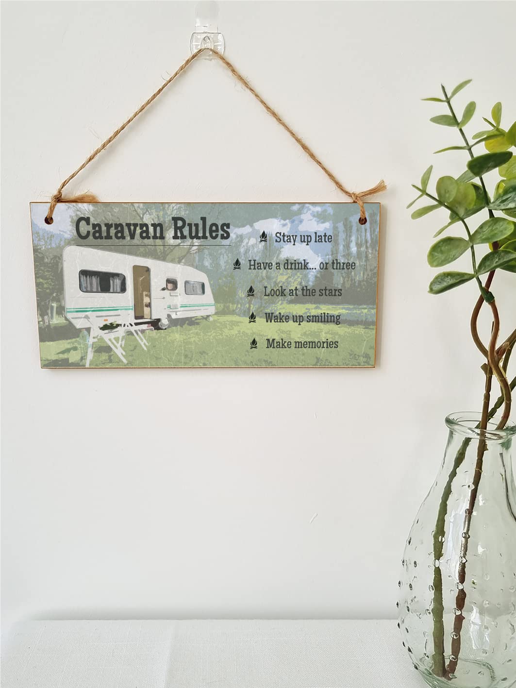 The Plum Penguin Handmade Wooden Hanging Wall Plaque Caravan Rules Stay Up Late Have a Drink Make Memories Fun Camping Adventure Sign
