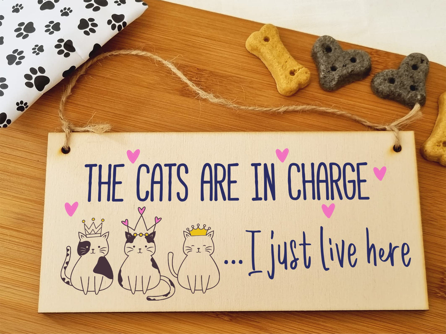 The Plum Penguin Handmade Wooden Hanging Wall Plaque Cats in Charge I Just Live Here Funny Gift Pet Lover Cat Mum Dad
