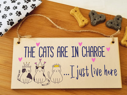 The Plum Penguin Handmade Wooden Hanging Wall Plaque Cats in Charge I Just Live Here Funny Gift Pet Lover Cat Mum Dad