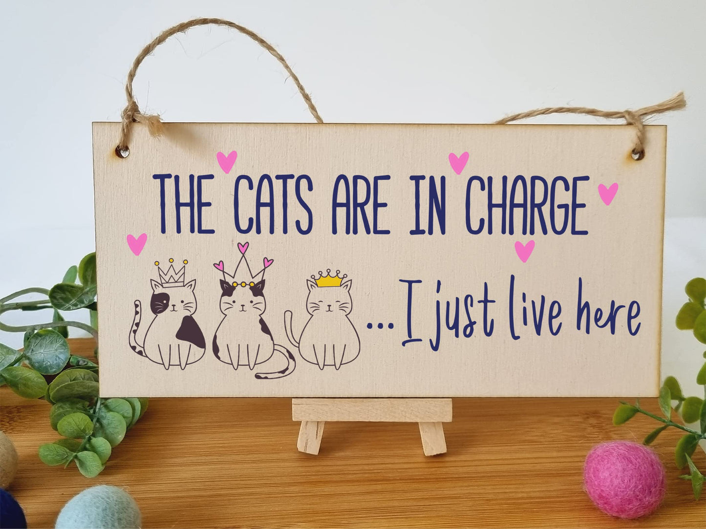 The Plum Penguin Handmade Wooden Hanging Wall Plaque Cats in Charge I Just Live Here Funny Gift Pet Lover Cat Mum Dad