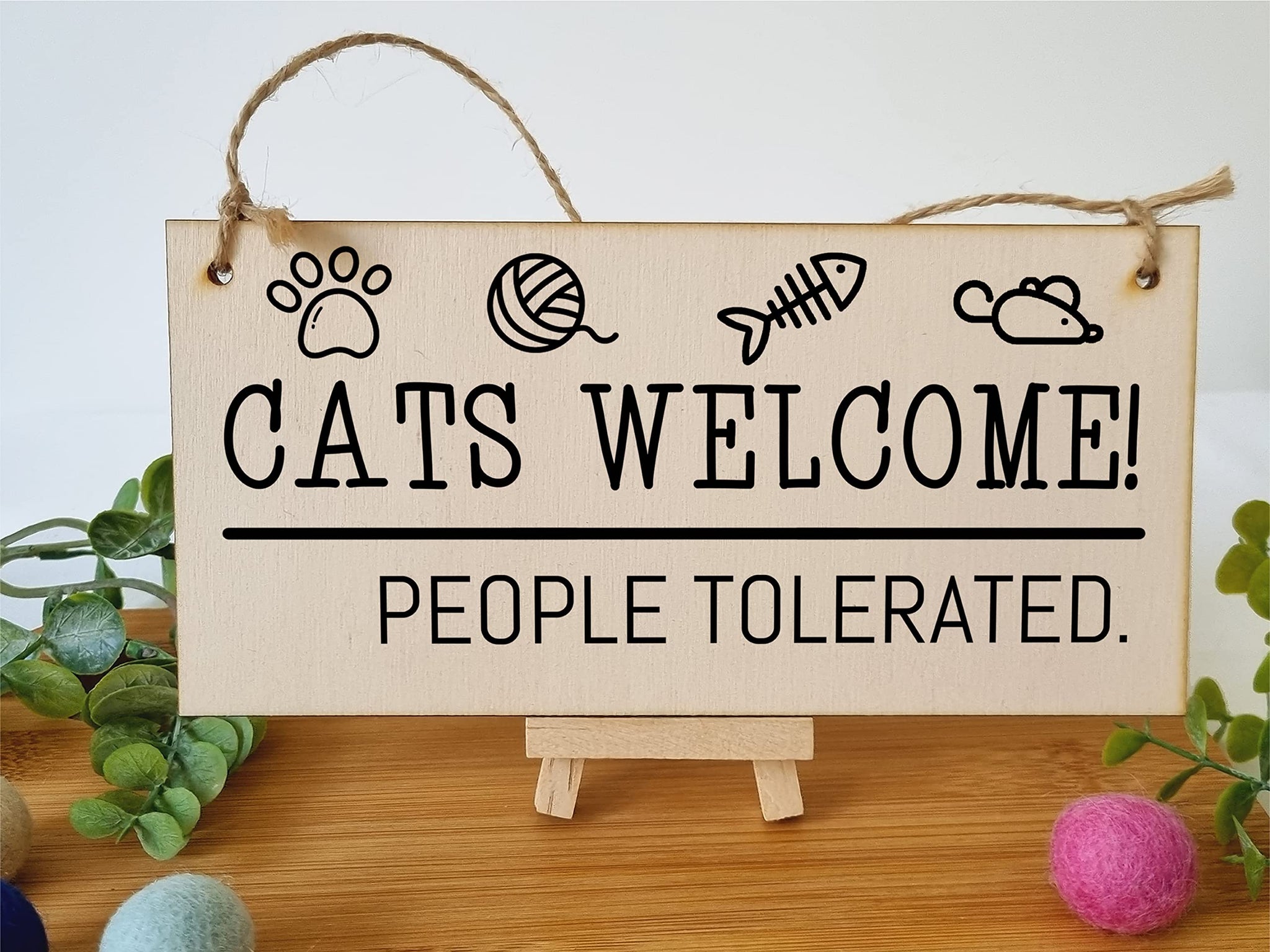 The Plum Penguin Handmade Wooden Hanging Wall Plaque Cats Welcome People Tolerated Funny Cute Sign Pet Lover Cat Mum Dad
