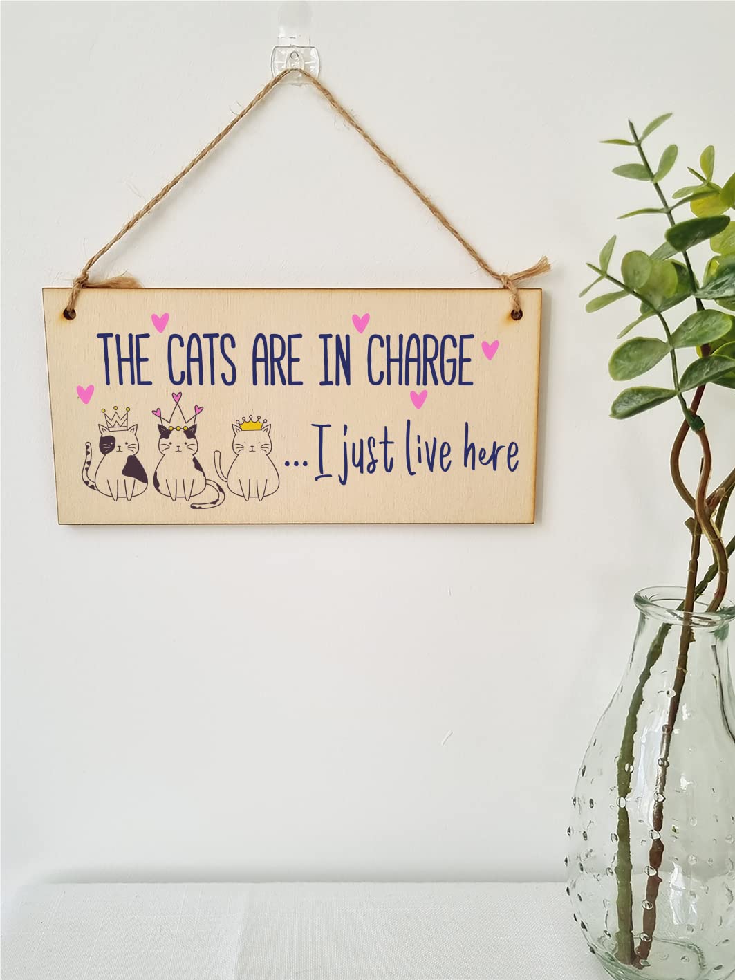 The Plum Penguin Handmade Wooden Hanging Wall Plaque Cats in Charge I Just Live Here Funny Gift Pet Lover Cat Mum Dad