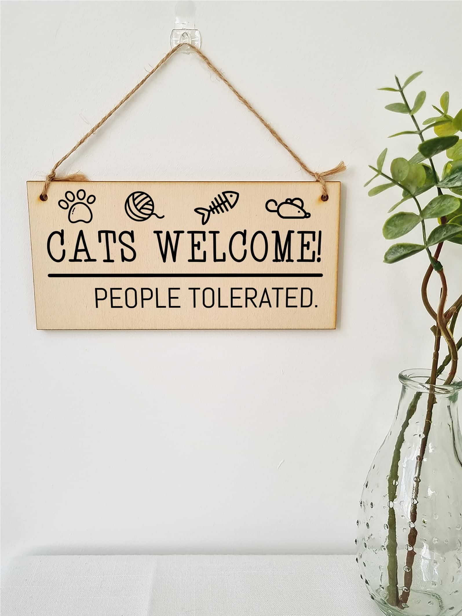 The Plum Penguin Handmade Wooden Hanging Wall Plaque Cats Welcome People Tolerated Funny Cute Sign Pet Lover Cat Mum Dad