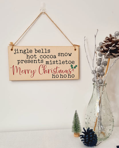 Christmas Winter Poem Decorative Christmas Sign Jingle Bells Mistletoe Ho Ho Ho Handmade Wooden Hanging Wall Plaque Gift