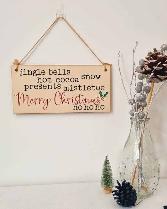 Christmas Winter Poem Decorative Christmas Sign Jingle Bells Mistletoe Ho Ho Ho Handmade Wooden Hanging Wall Plaque Gift