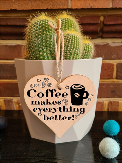 Handmade Wooden Hanging Heart Plaque Gift for Coffee Lovers Novelty Funny Keepsake