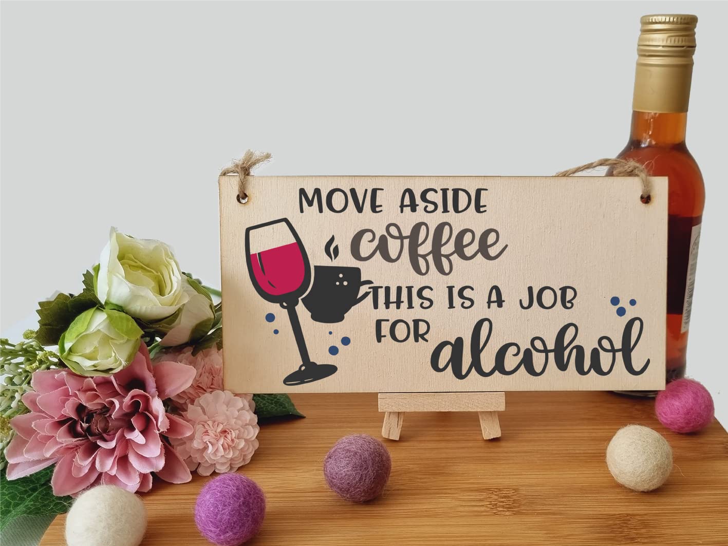 The Plum Penguin Handmade Wooden Hanging Wall Plaque Move Over Coffee Job for Alcohol Funny Joke Booze Novelty Sign Kitchen Home Bar