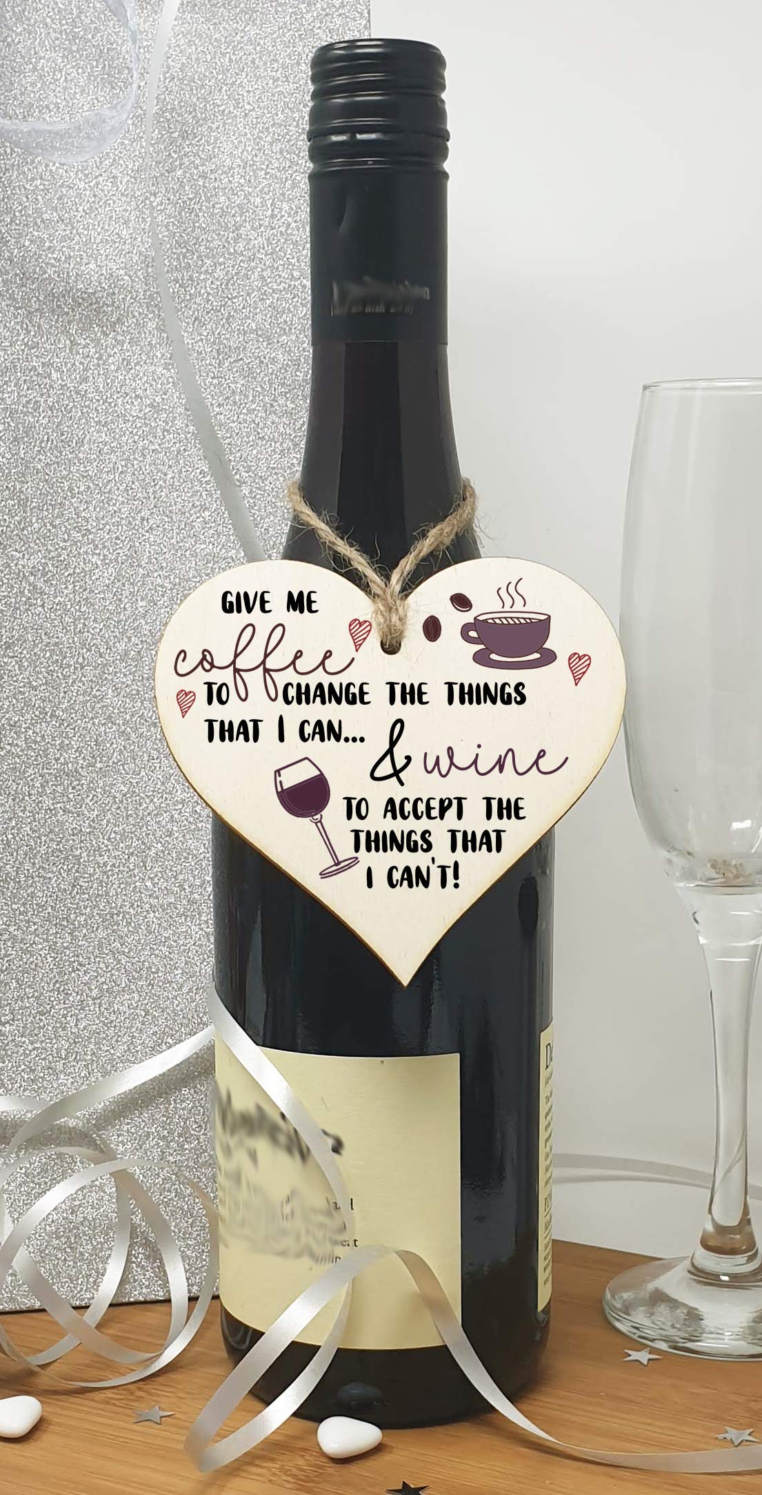 The Plum Penguin Handmade Wooden Hanging Heart Plaque Gift Give me coffee give me wine to change things novelty window wall hanger gift for wine coffee lovers friends family funny saying
