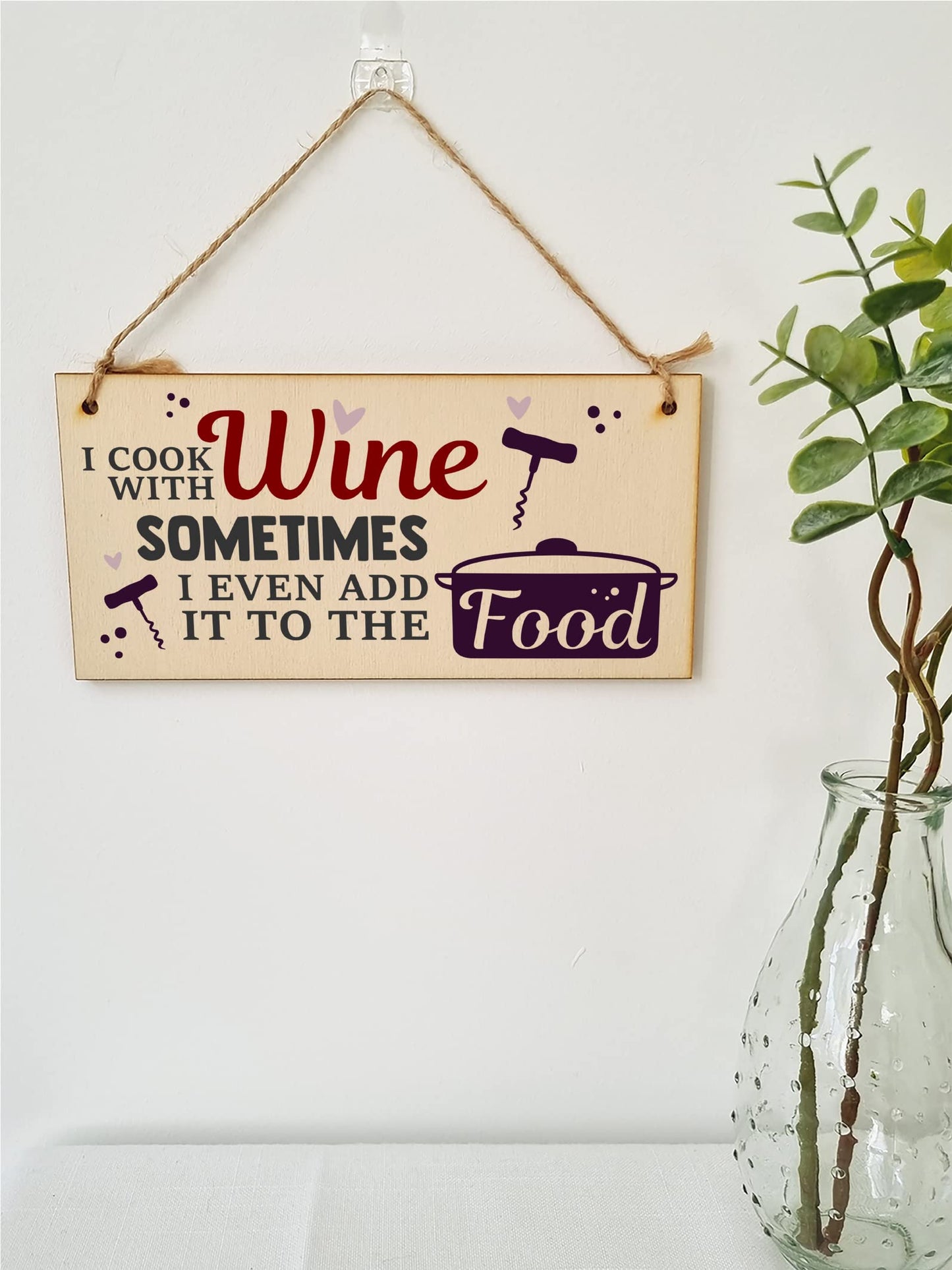 The Plum Penguin I Cook With Wine Funny Novelty Handmade Wooden Hanging Wall Plaque Gift Kitchen Home Bar Sign Decoration