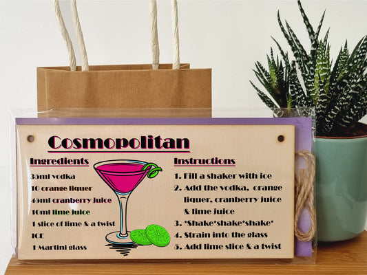 The Plum Penguin Handmade Wooden Hanging Wall Plaque Cosmpolitan Cocktail Recipe Card Gift Decorative Classy Sign Home Bar