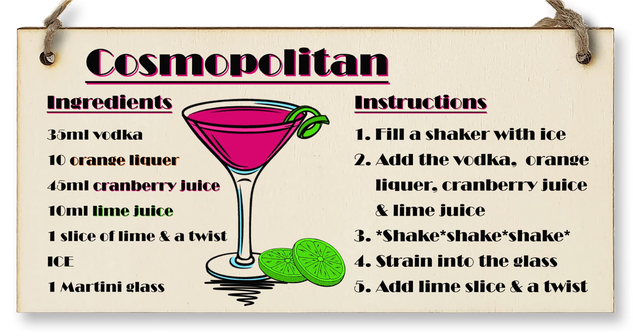 The Plum Penguin Handmade Wooden Hanging Wall Plaque Cosmpolitan Cocktail Recipe Card Gift Decorative Classy Sign Home Bar