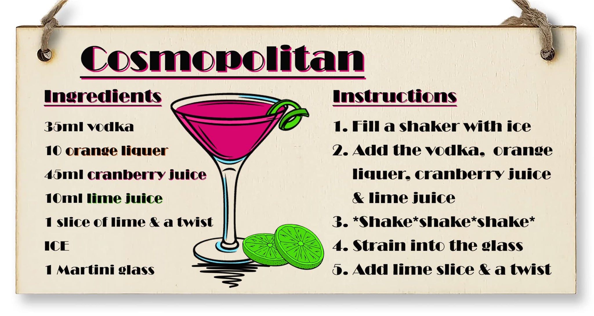 The Plum Penguin Handmade Wooden Hanging Wall Plaque Cosmpolitan Cocktail Recipe Card Gift Decorative Classy Sign Home Bar