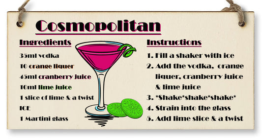 The Plum Penguin Handmade Wooden Hanging Wall Plaque Cosmpolitan Cocktail Recipe Card Gift Decorative Classy Sign Home Bar