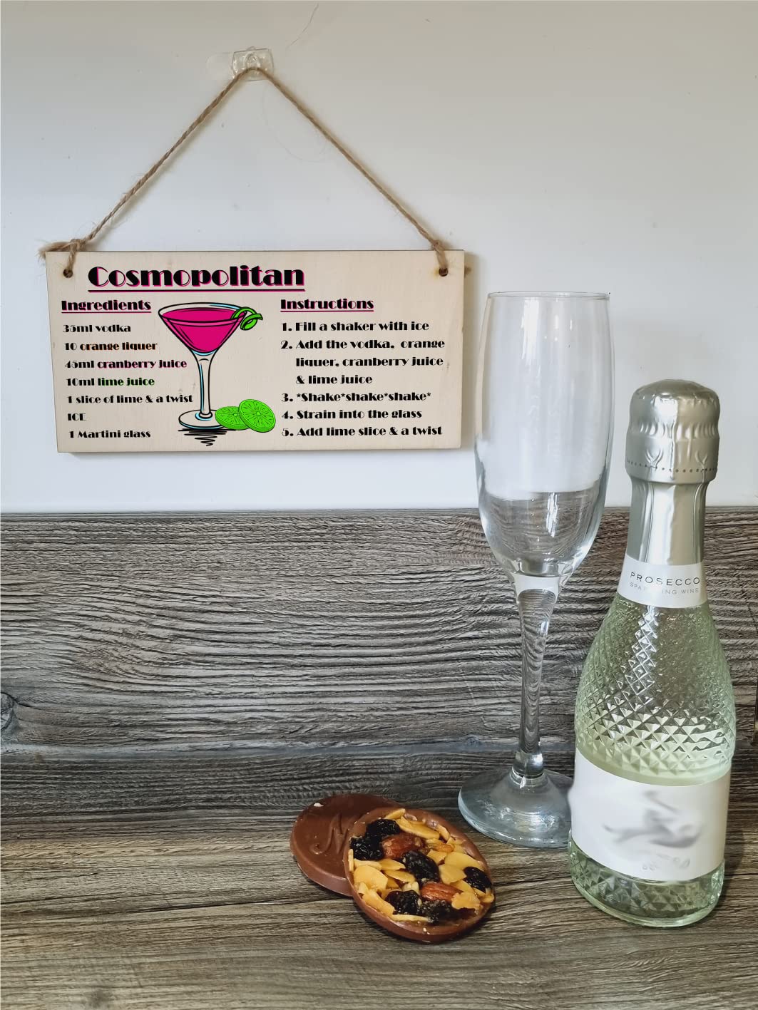 The Plum Penguin Handmade Wooden Hanging Wall Plaque Cosmpolitan Cocktail Recipe Card Gift Decorative Classy Sign Home Bar