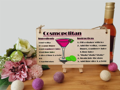 The Plum Penguin Handmade Wooden Hanging Wall Plaque Cosmpolitan Cocktail Recipe Card Gift Decorative Classy Sign Home Bar