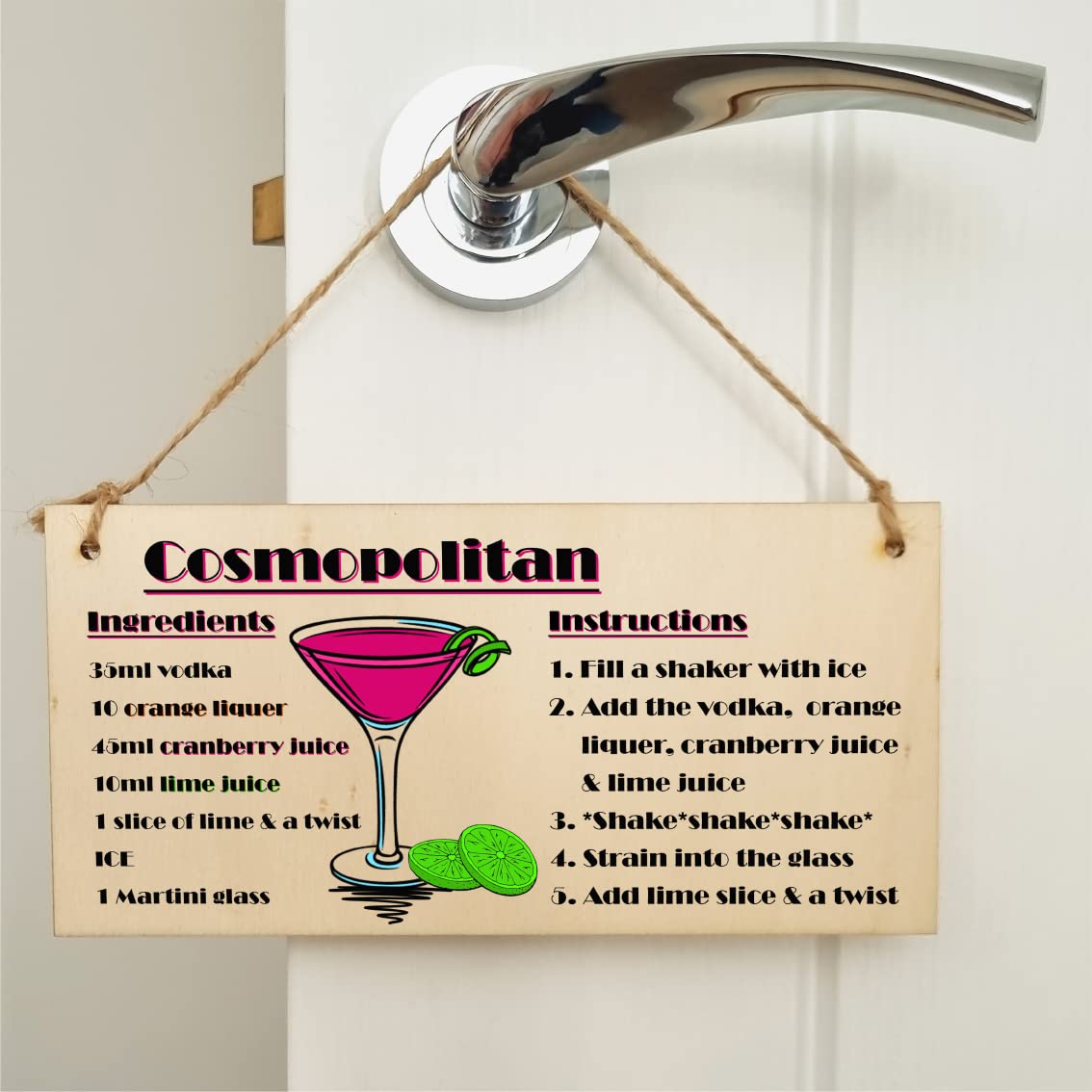 The Plum Penguin Handmade Wooden Hanging Wall Plaque Cosmpolitan Cocktail Recipe Card Gift Decorative Classy Sign Home Bar
