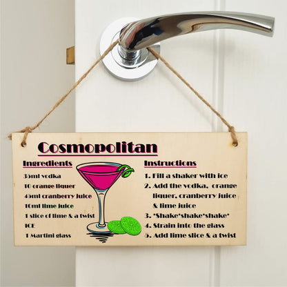 The Plum Penguin Handmade Wooden Hanging Wall Plaque Cosmpolitan Cocktail Recipe Card Gift Decorative Classy Sign Home Bar