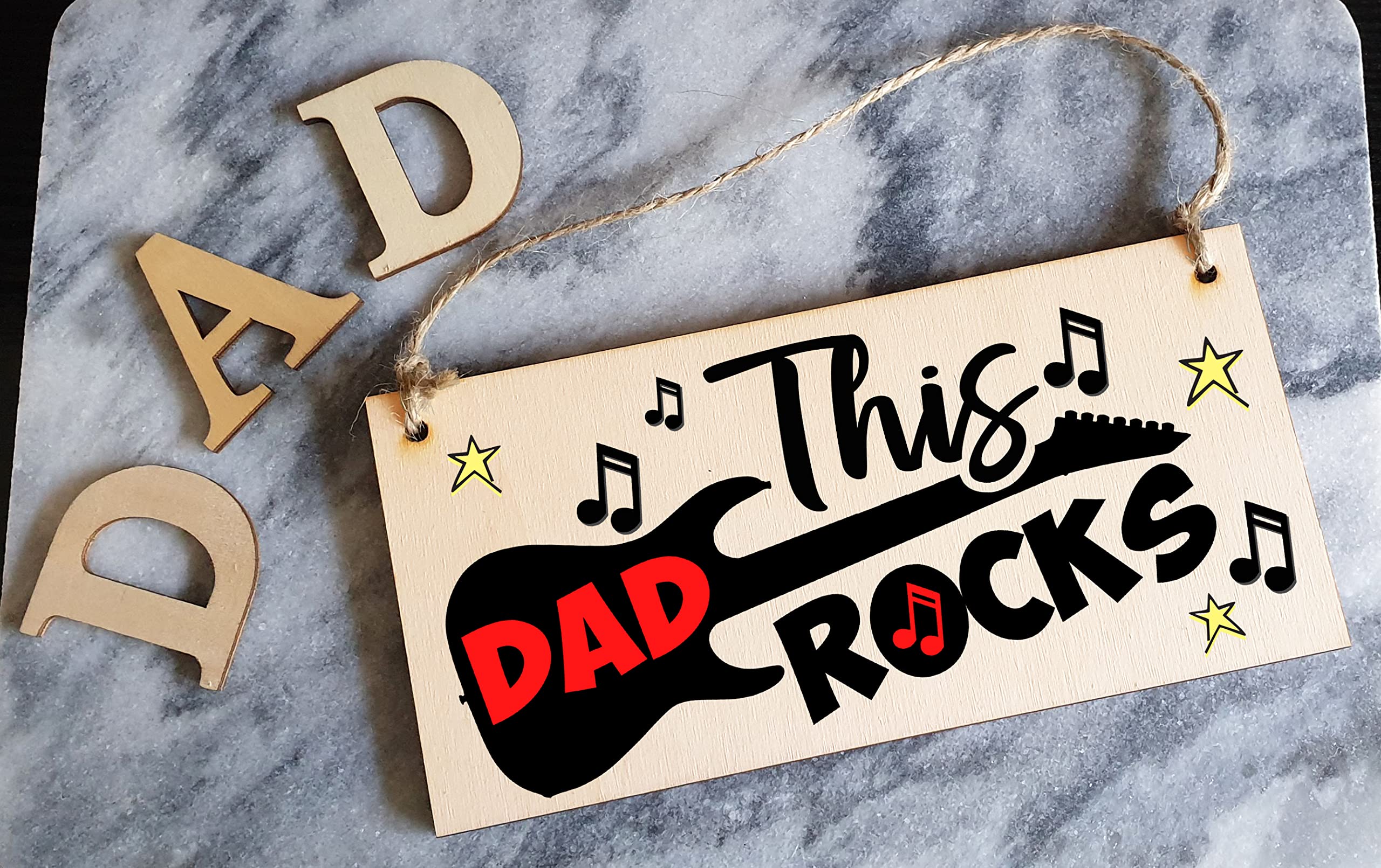 The Plum Penguin Handmade Wooden Hanging Wall Plaque This Dad Rocks Fun Guitar Music Novelty Sign Man Cave Office