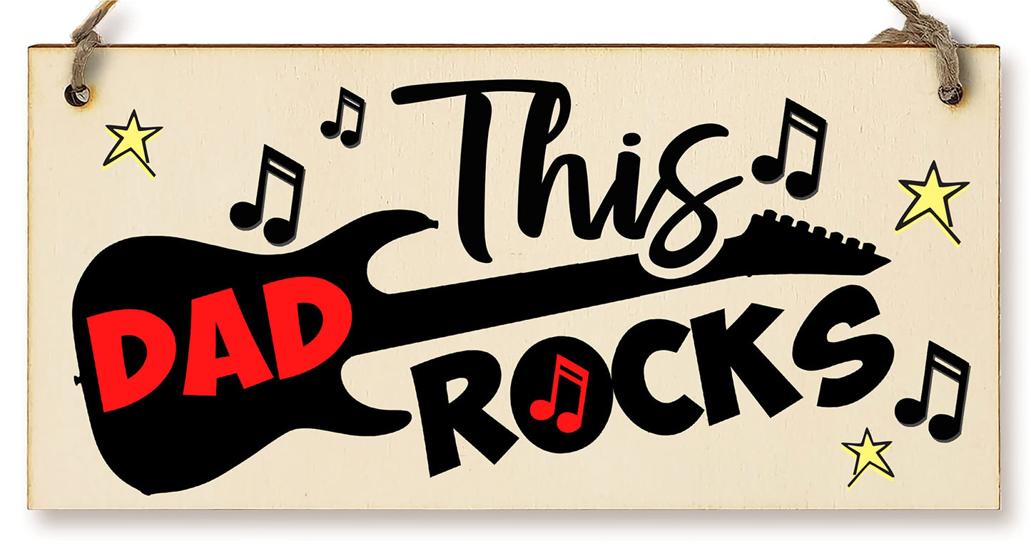 The Plum Penguin Handmade Wooden Hanging Wall Plaque This Dad Rocks Fun Guitar Music Novelty Sign Man Cave Office