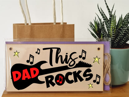 The Plum Penguin Handmade Wooden Hanging Wall Plaque This Dad Rocks Fun Guitar Music Novelty Sign Man Cave Office