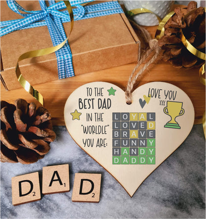 Best Dad in the World Wordle Funny Novelty Hanging Heart Wooden Decoration Gift Father's Day Card Alternative