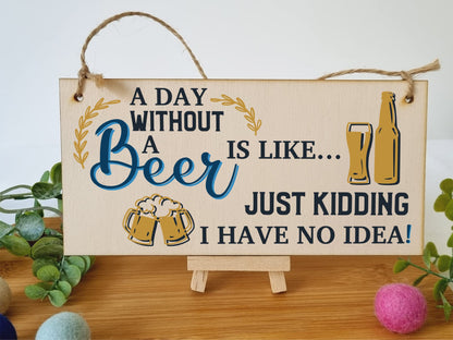 The Plum Penguin A Day Without Beer No Idea Funny Novelty Handmade Wooden Hanging Wall Plaque Gift Home Bar Sign Decoration