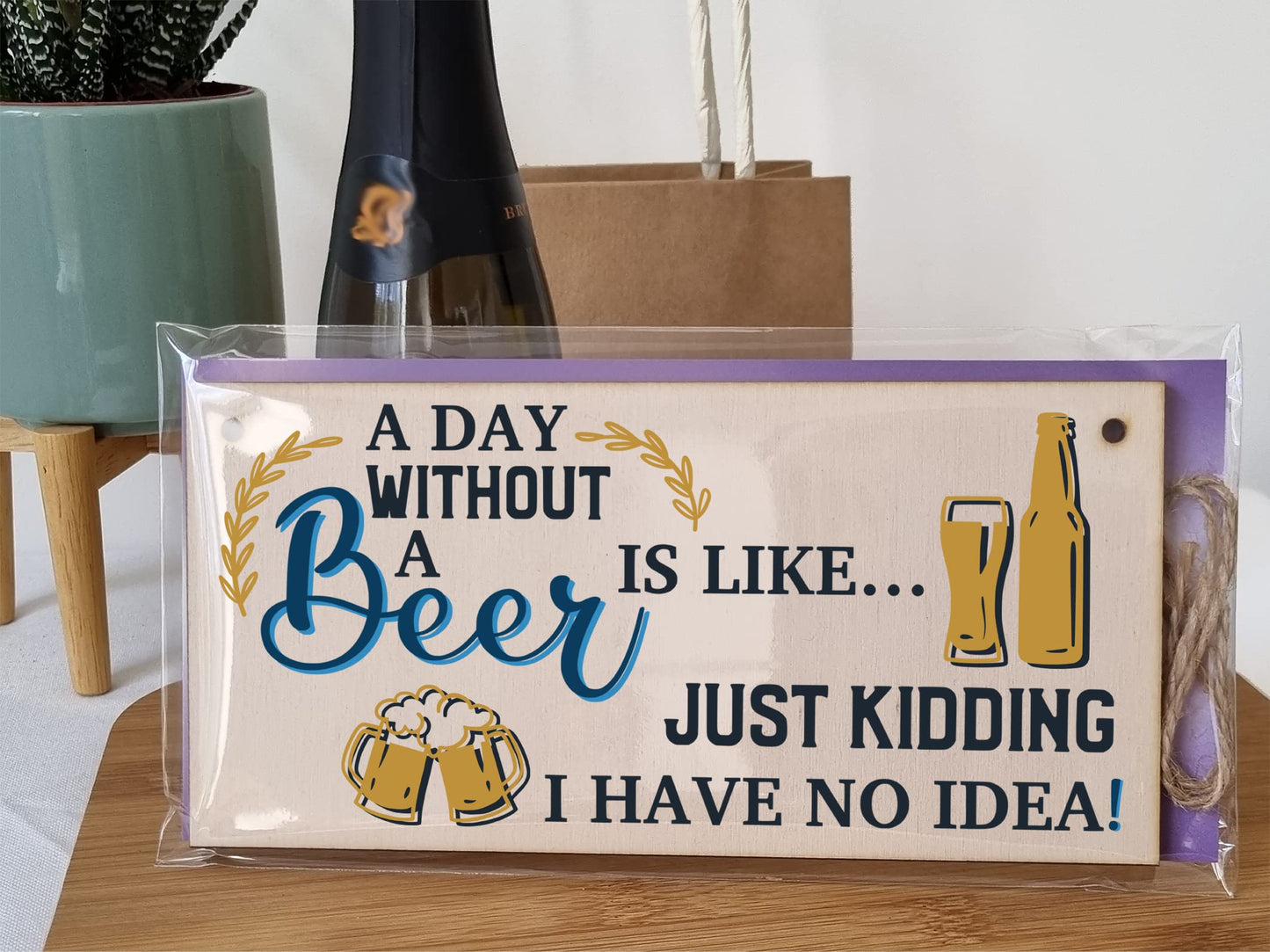 The Plum Penguin A Day Without Beer No Idea Funny Novelty Handmade Wooden Hanging Wall Plaque Gift Home Bar Sign Decoration