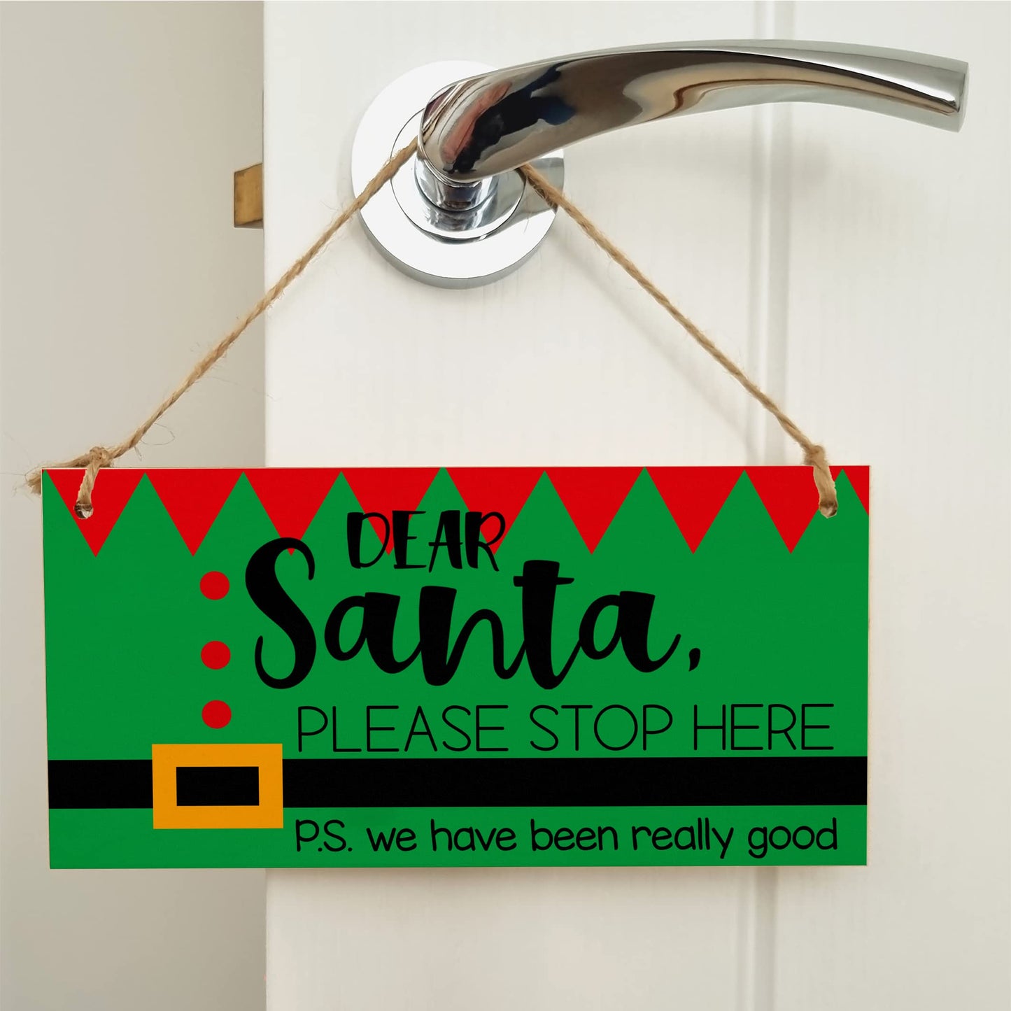 Dear Santa Please Stop Here We've Been Good Fun Elf Christmas Kids Sign Handmade Wooden Hanging Wall Plaque Gift