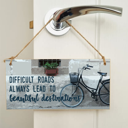 The Plum Penguin Handmade Wooden Hanging Wall Plaque Difficult Roads Lead to Beautiful Destinations Adventure Inspirational Sign