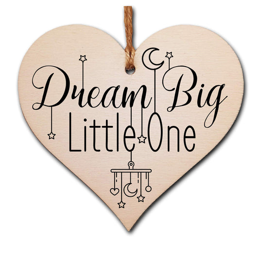 The Plum Penguin Handmade Wooden Hanging Heart Plaque Gift Dream Big Little One new baby present nursery wall decoration new parents