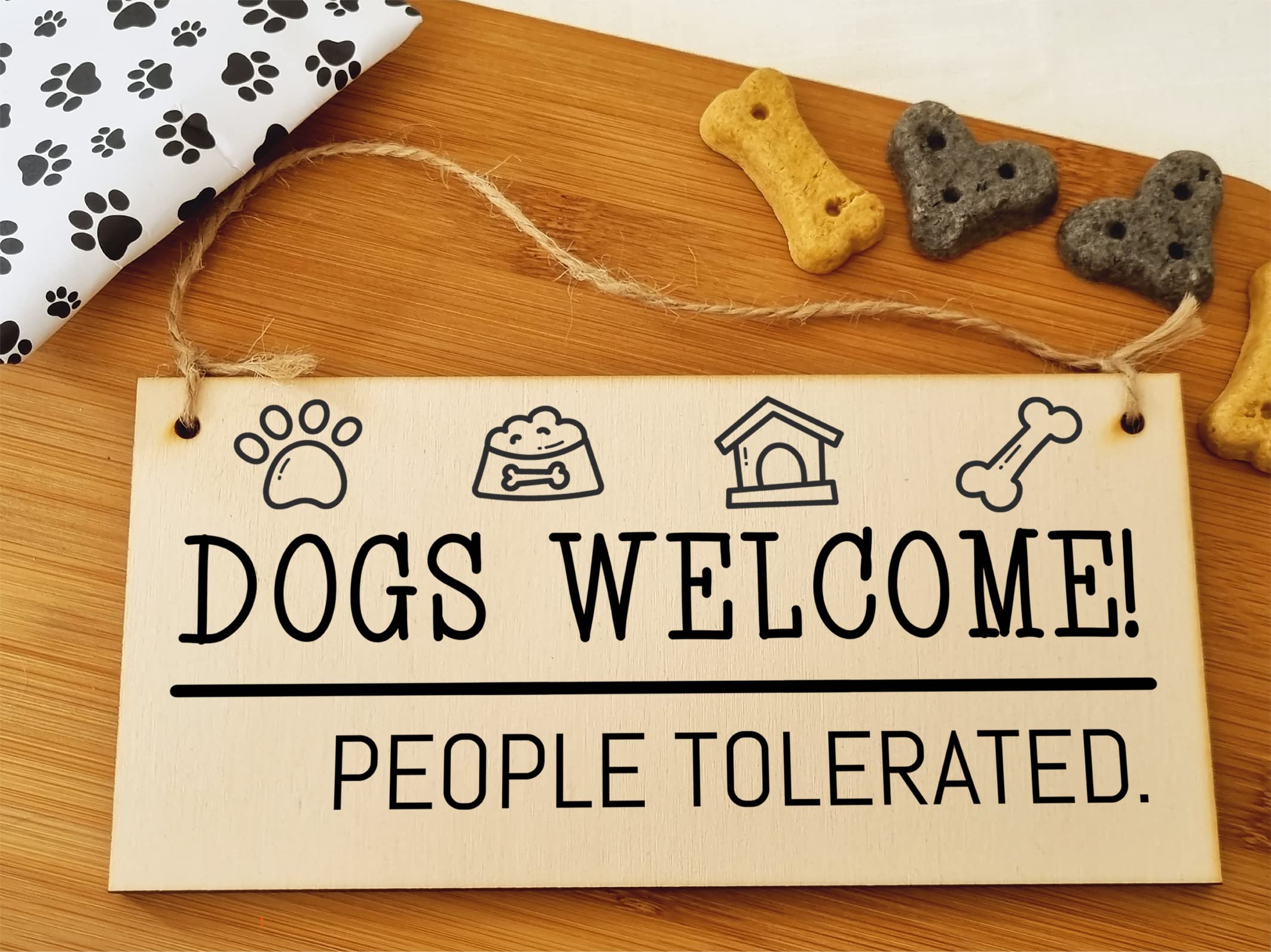 The Plum Penguin Handmade Wooden Hanging Wall Plaque Dogs Welcome People Tolerated Funny Cute Sign Pet Lover Dog Mum Dad