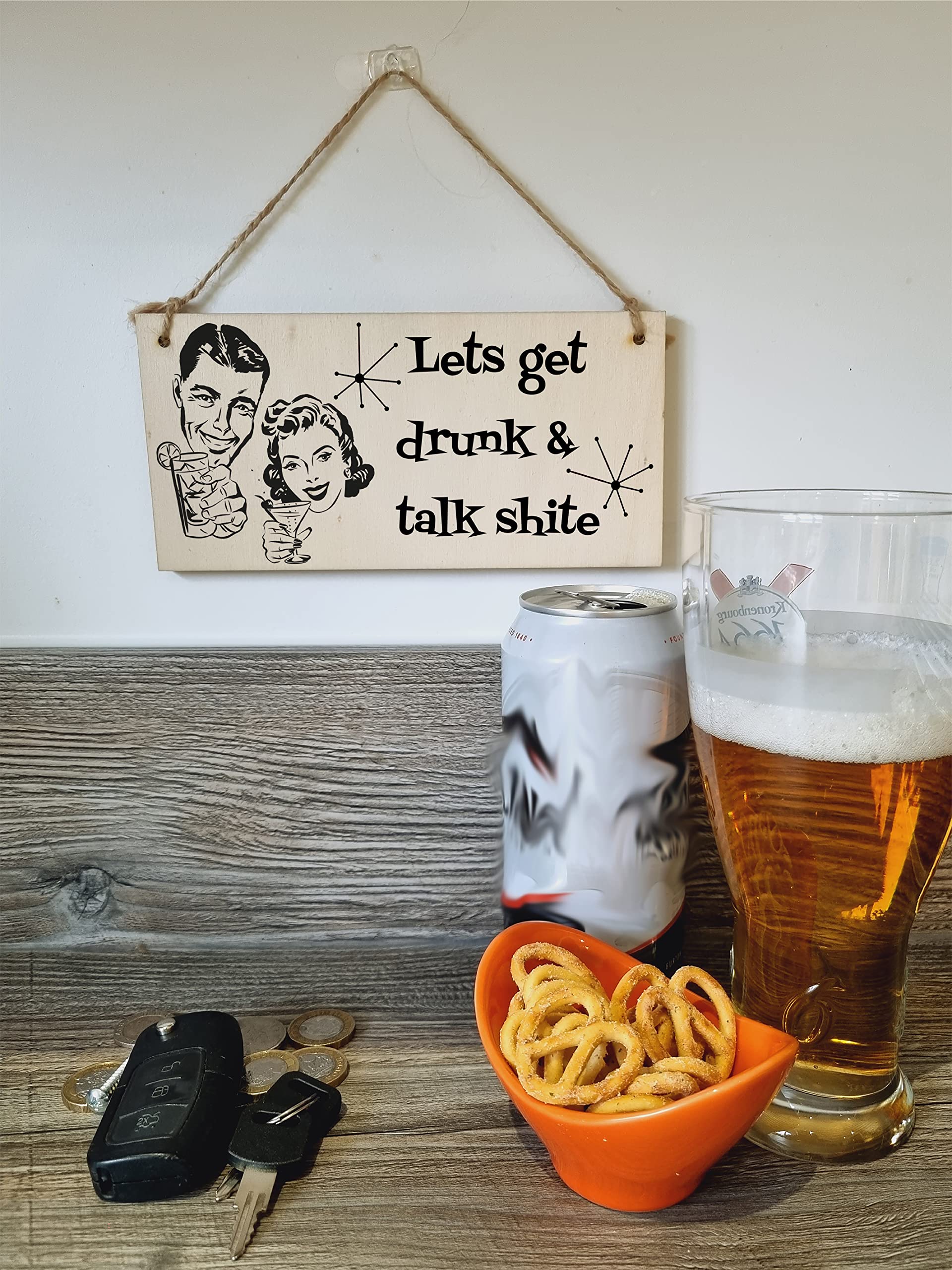 The Plum Penguin Handmade Wooden Hanging Wall Plaque Lets Get Drunk and Talk Rubbish Funny Novelty Sign Home Bar Man Cave