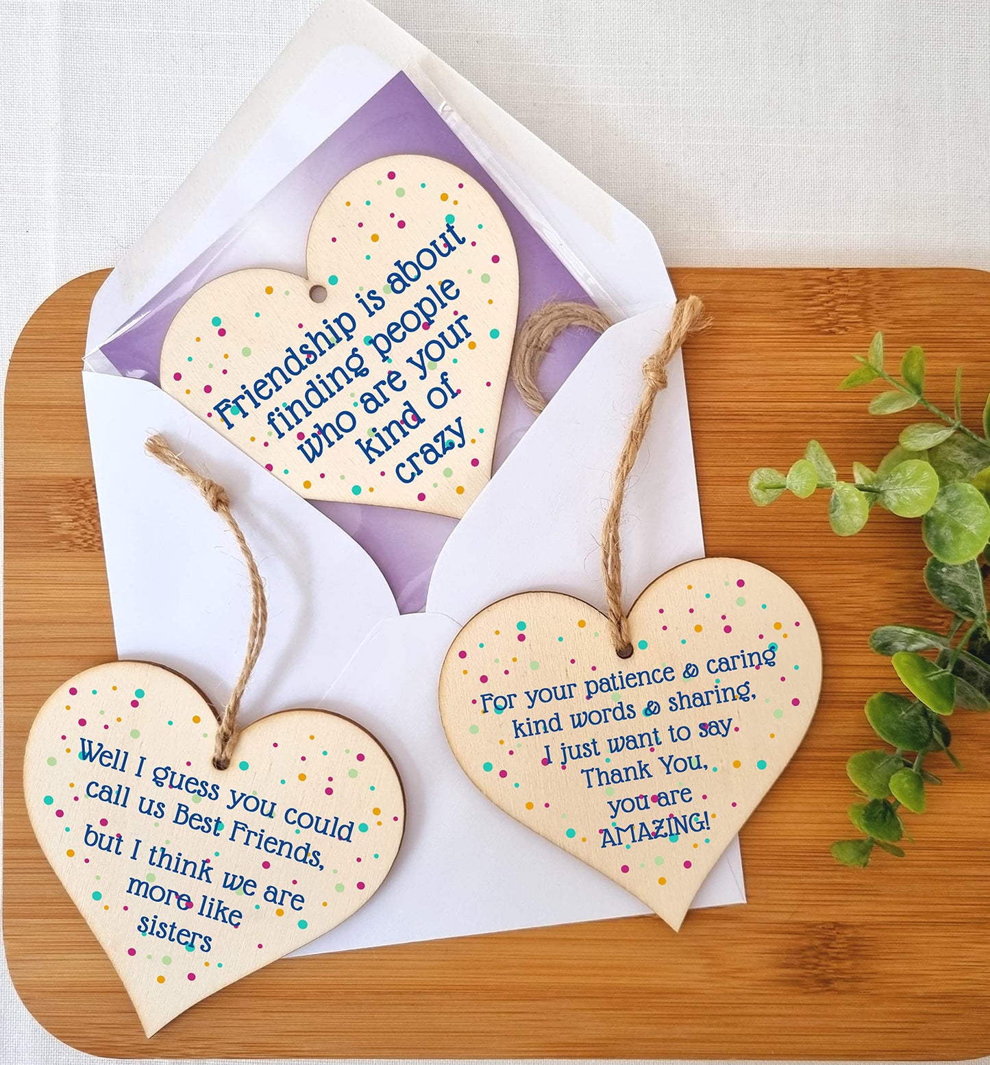 The Plum Penguin Set of 3 Hanging Decorations Wooden Hearts Friendship Gifts or BFF Besties | Caring & Kind | Your Kind of Crazy | More Like Sisters