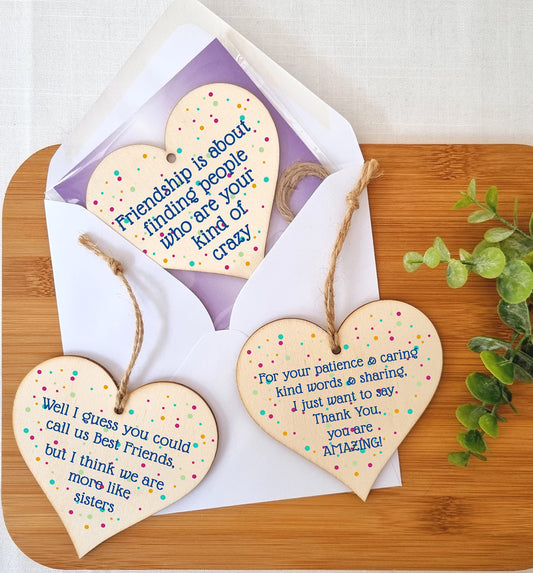 The Plum Penguin Set of 3 Hanging Decorations Wooden Hearts Friendship Gifts or BFF Besties | Caring & Kind | Your Kind of Crazy | More Like Sisters