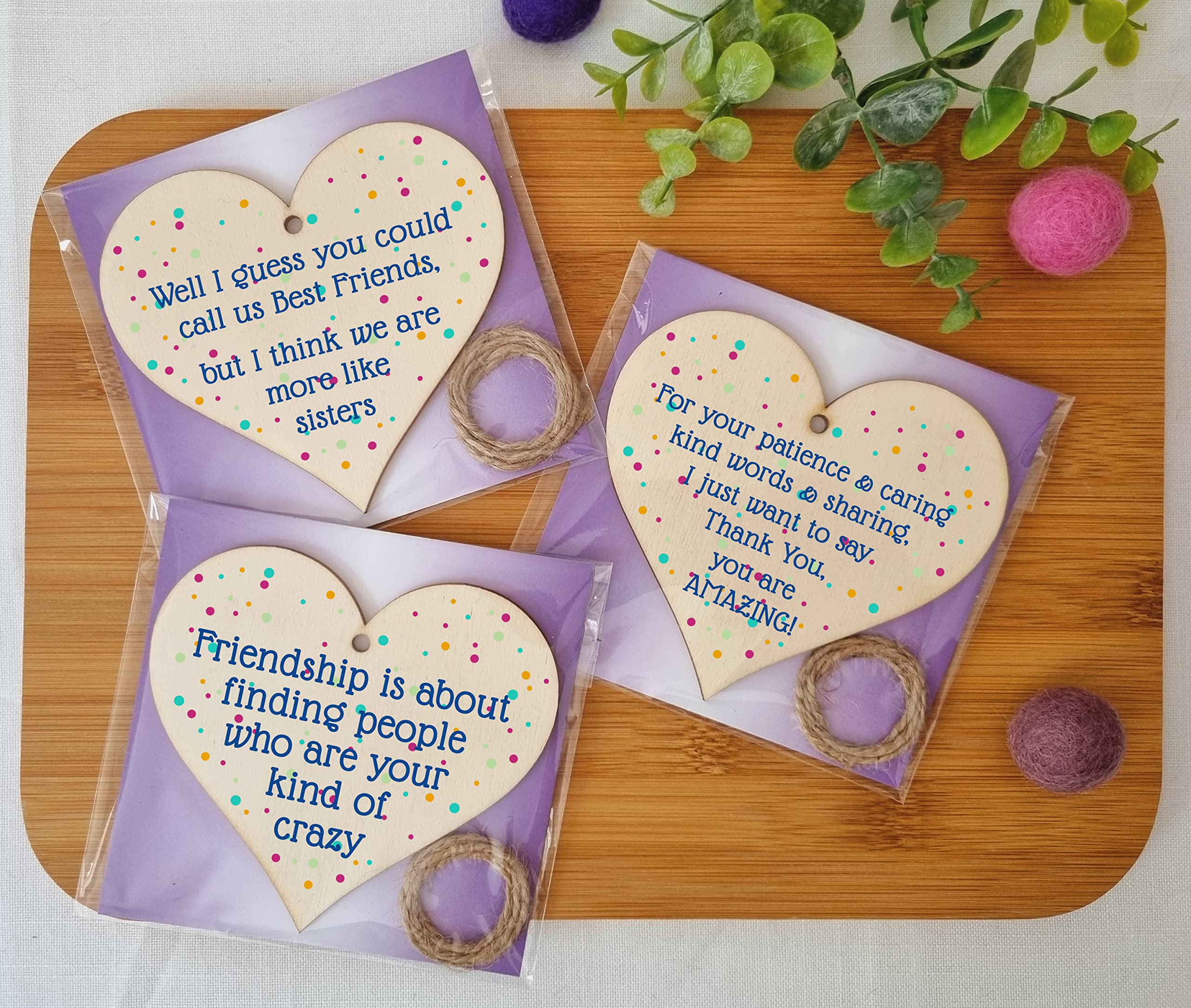 The Plum Penguin Set of 3 Hanging Decorations Wooden Hearts Friendship Gifts or BFF Besties | Caring & Kind | Your Kind of Crazy | More Like Sisters