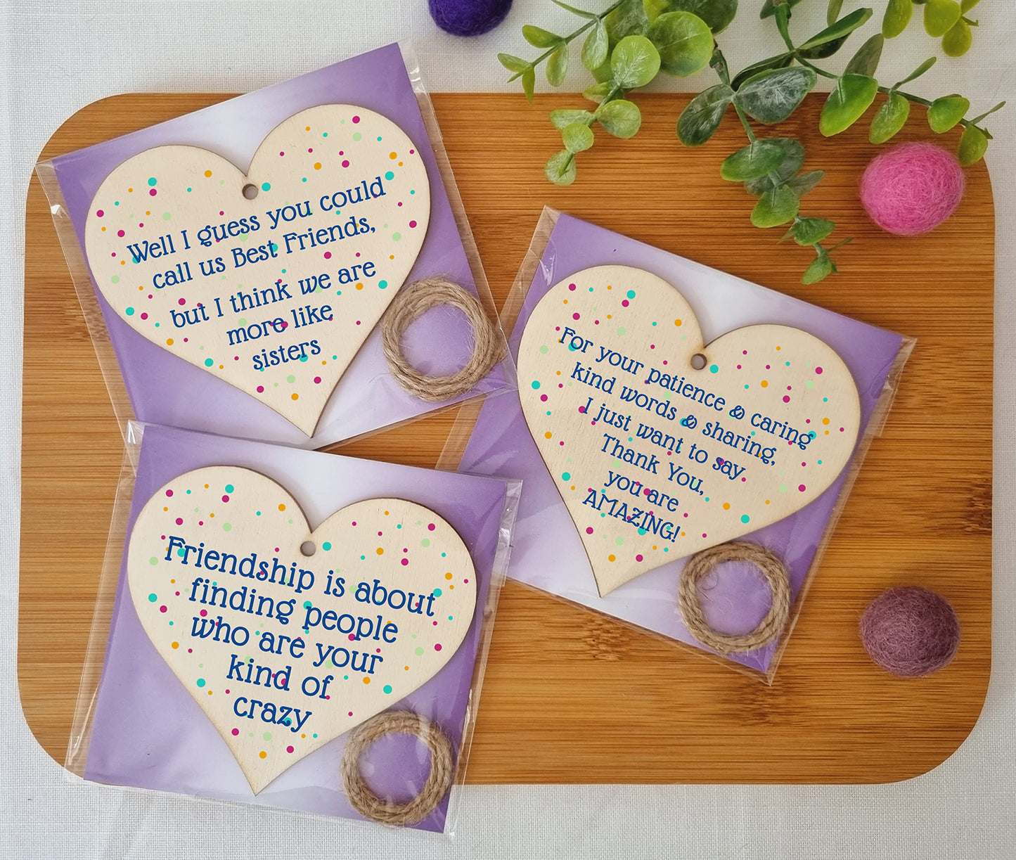 The Plum Penguin Set of 3 Hanging Decorations Wooden Hearts Friendship Gifts or BFF Besties | Caring & Kind | Your Kind of Crazy | More Like Sisters