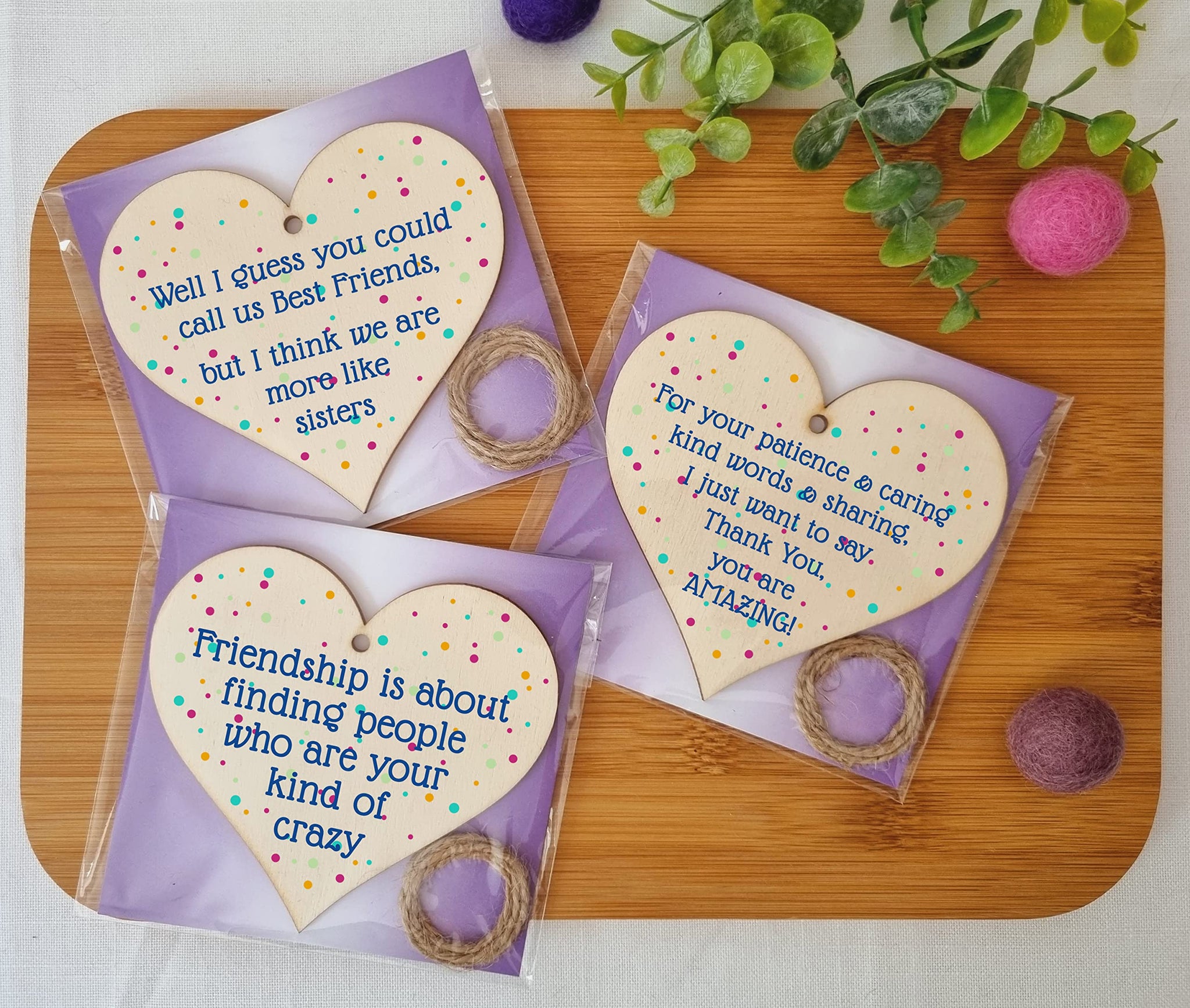 The Plum Penguin Set of 3 Hanging Decorations Wooden Hearts Friendship Gifts or BFF Besties | Caring & Kind | Your Kind of Crazy | More Like Sisters