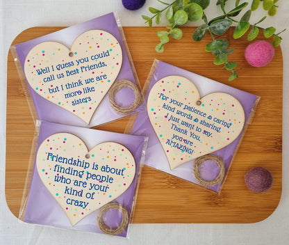 The Plum Penguin Set of 3 Hanging Decorations Wooden Hearts Friendship Gifts or BFF Besties | Caring & Kind | Your Kind of Crazy | More Like Sisters