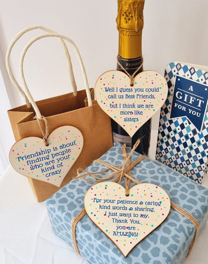 The Plum Penguin Set of 3 Hanging Decorations Wooden Hearts Friendship Gifts or BFF Besties | Caring & Kind | Your Kind of Crazy | More Like Sisters