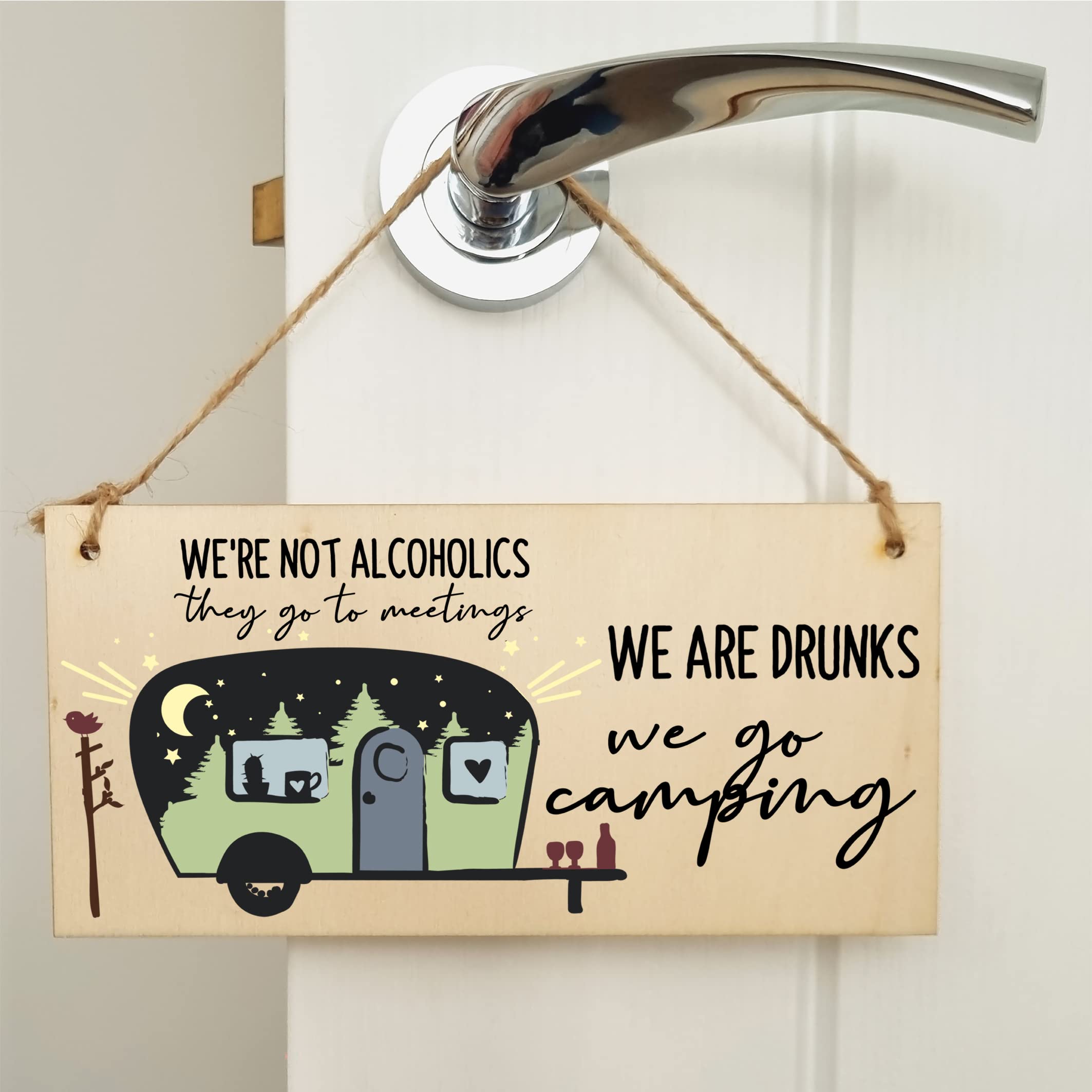 The Plum Penguin We are Drunks We Go Camping Funny Novelty Handmade Wooden Hanging Wall Plaque Campervan Decoration Adventure Gift