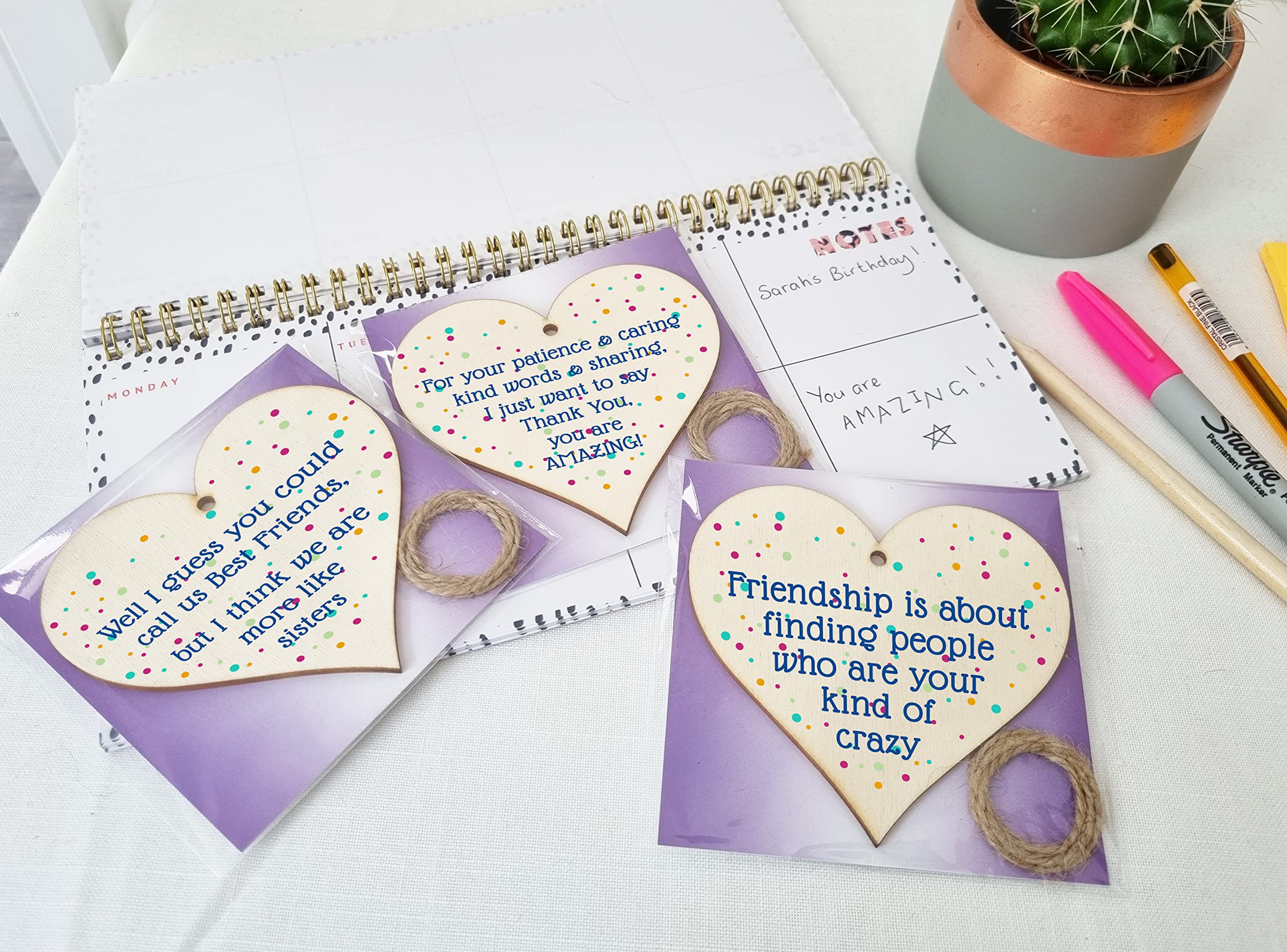 The Plum Penguin Set of 3 Hanging Decorations Wooden Hearts Friendship Gifts or BFF Besties | Caring & Kind | Your Kind of Crazy | More Like Sisters