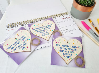 The Plum Penguin Set of 3 Hanging Decorations Wooden Hearts Friendship Gifts or BFF Besties | Caring & Kind | Your Kind of Crazy | More Like Sisters