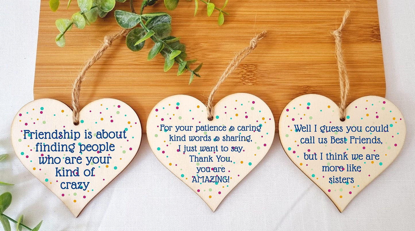 The Plum Penguin Set of 3 Hanging Decorations Wooden Hearts Friendship Gifts or BFF Besties | Caring & Kind | Your Kind of Crazy | More Like Sisters
