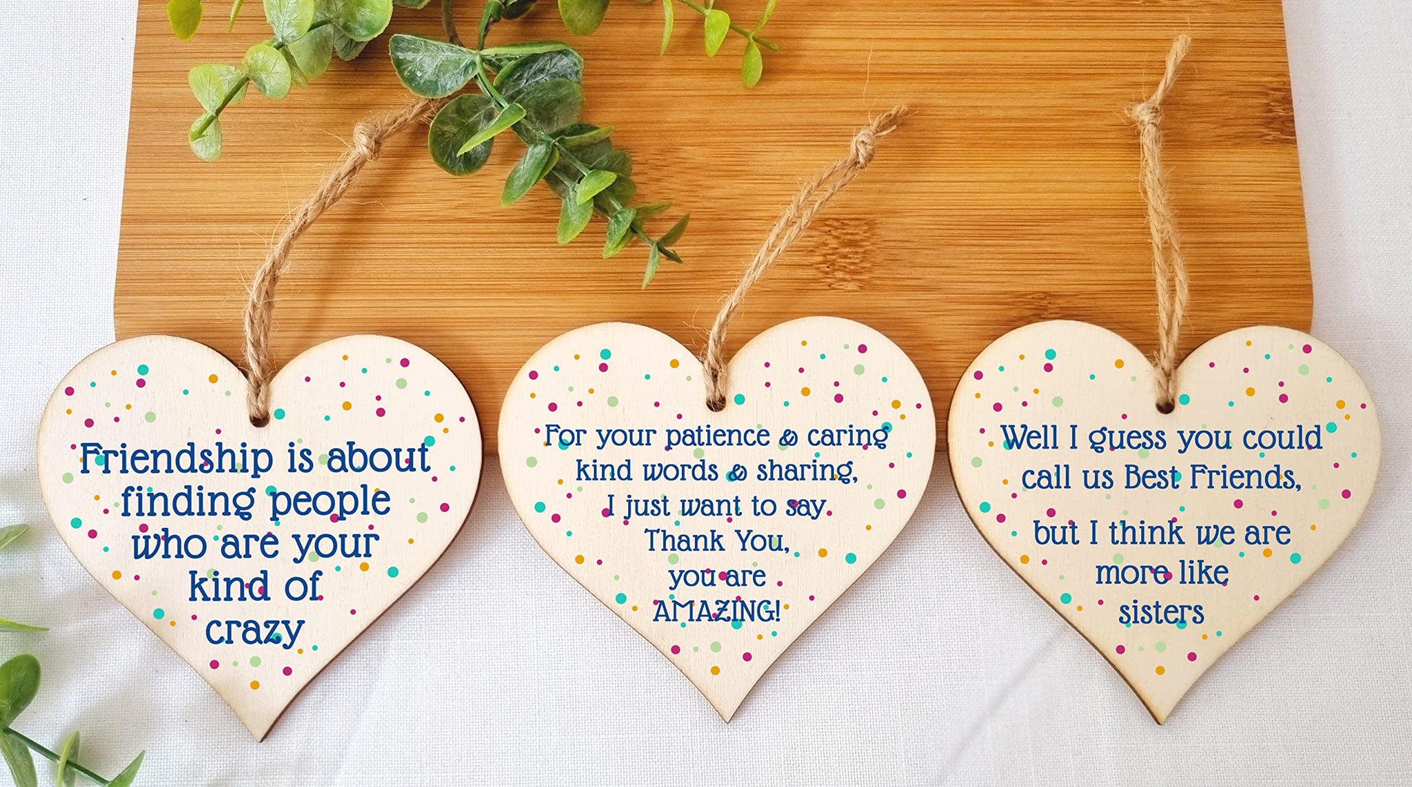 The Plum Penguin Set of 3 Hanging Decorations Wooden Hearts Friendship Gifts or BFF Besties | Caring & Kind | Your Kind of Crazy | More Like Sisters
