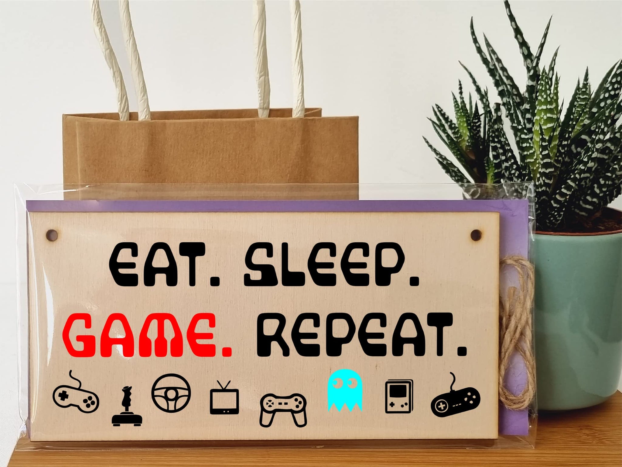 The Plum Penguin Handmade Wooden Hanging Wall Plaque Eat Sleep Game Repeat Fun Novelty Gamer Gift Computer Game Fans Man Cave