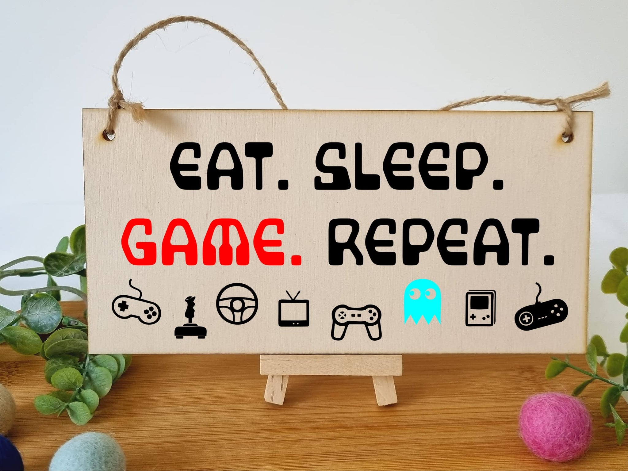 The Plum Penguin Handmade Wooden Hanging Wall Plaque Eat Sleep Game Repeat Fun Novelty Gamer Gift Computer Game Fans Man Cave